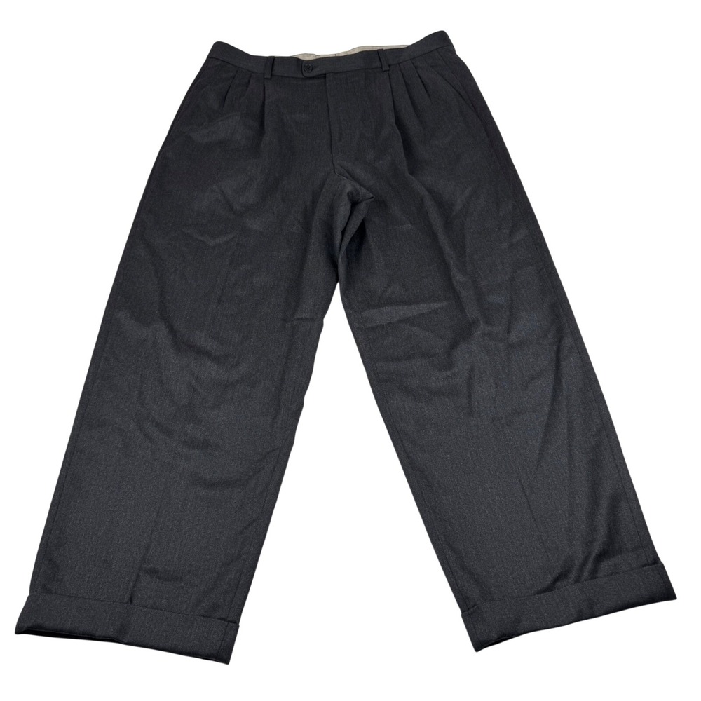 Zanella Dress Trousers Mens 37x29 Charcoal Gray Pleated Cuffed Wool Italy Luxury